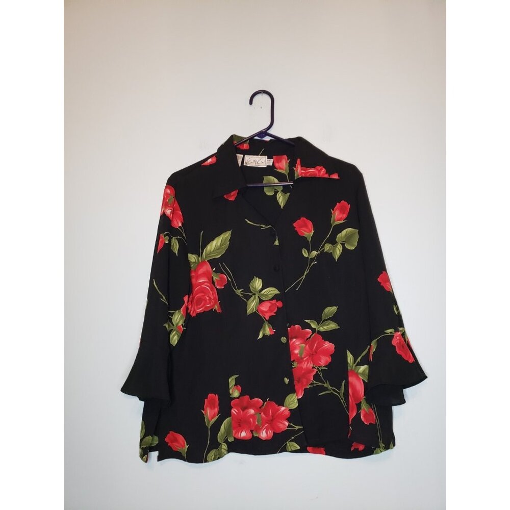 Kathy Che Womens 16 Blouse Red Black Roses Button Front Business Office Party